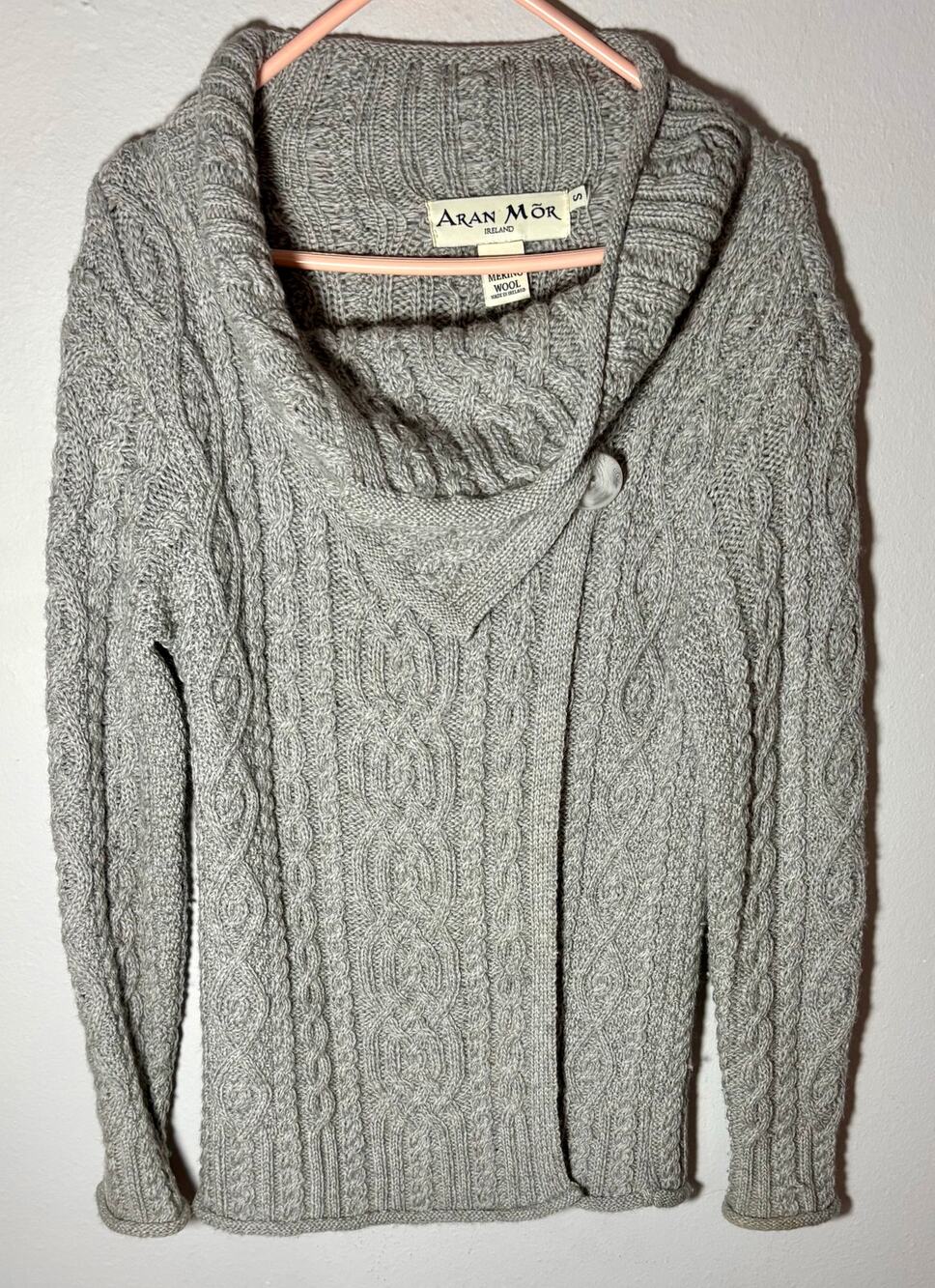 Aran Mor Irish Merino Wool Sweater Cable Cardigan Gray Ireland Sz Small